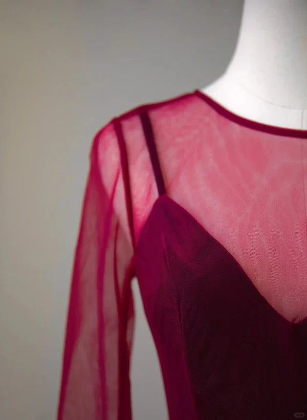 Vestido largo de fiesta de graduación de tul y terciopelo rojo vino con corte A